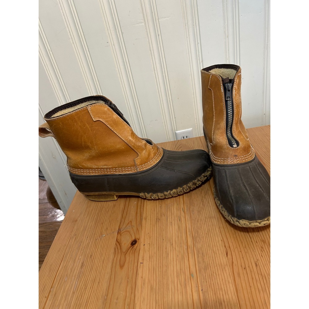 LL Bean Front Zip Shearling Lined Duck Boots Tan Brown Leather Rubber Mens 10